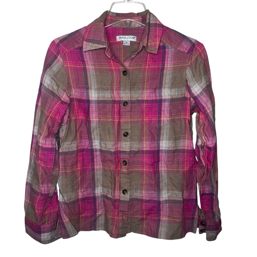 Pendleton Petite Plaid Shirt 100% Linen Pink Women’s Size Small